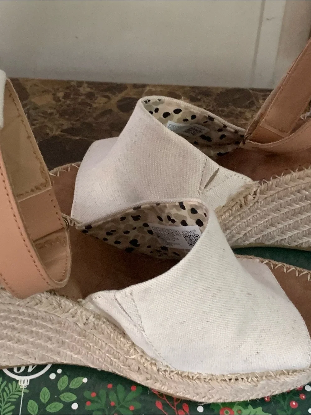 TOMS Natural Canvas Espadrille Wedge Sandals with Pink Ankle Strap